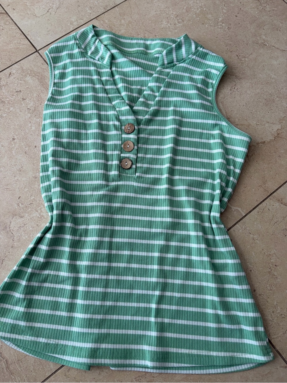 Others Follow Green and White Striped Sleeveless Ribbed Tank with Button Placket
